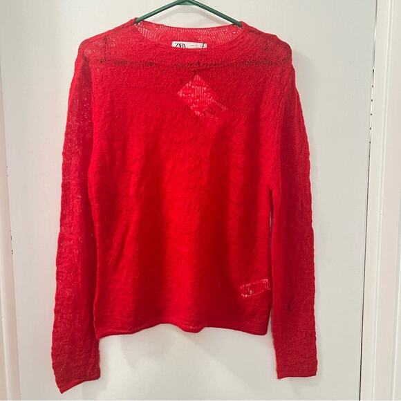 Zara Red ALPACA AND WOOL BLEND POINTELLE KNIT SWEATER - Picture 7 of 9